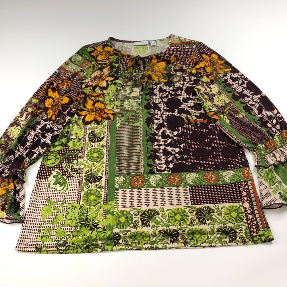 Susan Graver Medium Long Sleeve Pullover Top Blouse All Over Print Brown